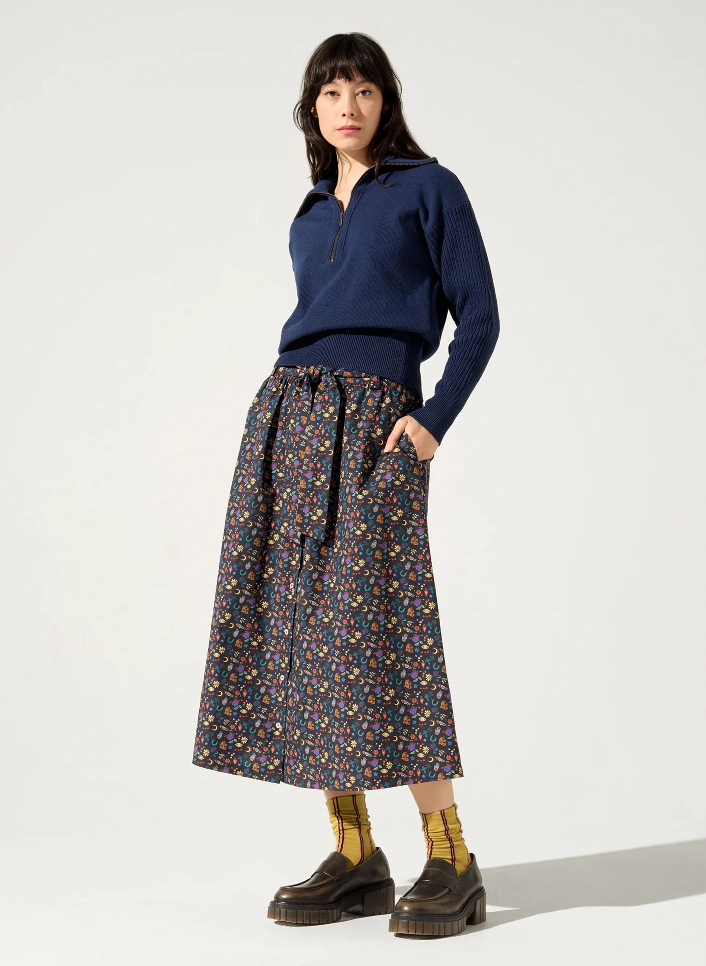 LUNA - Jupe évasée taille haute en coton imprimé | Noir
