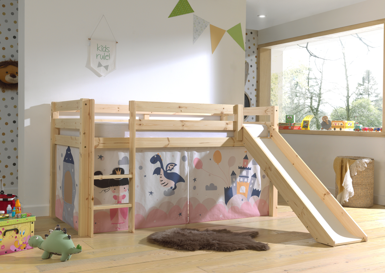 Halbhochbett PINO - Princess Sophie - Kiefer natur Massivholz - mit Rutsche - 90x200 cm