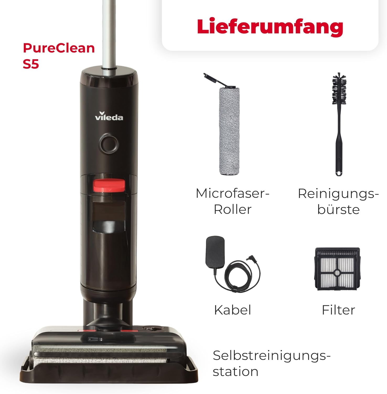 Vileda PureClean S5 Plus - Kabelloser Nass- & Trockensauger mit Zubehör - 3-in-1 Kehren, Saugen & Wischen, 30 Min Akkulaufzeit für 180 m2 Fläche, LED-Anzeige, Schwarz/Silber