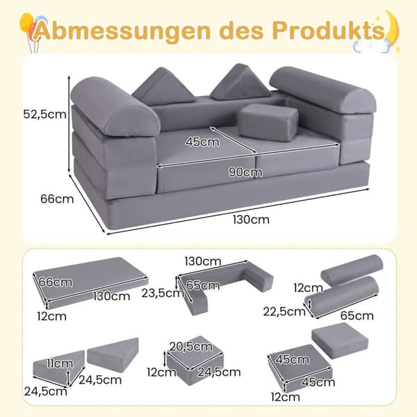 Modulær barnesofa 9-delt lekesofa laget av skumbyggeklosser med behagelig semsket skinnstoff grått