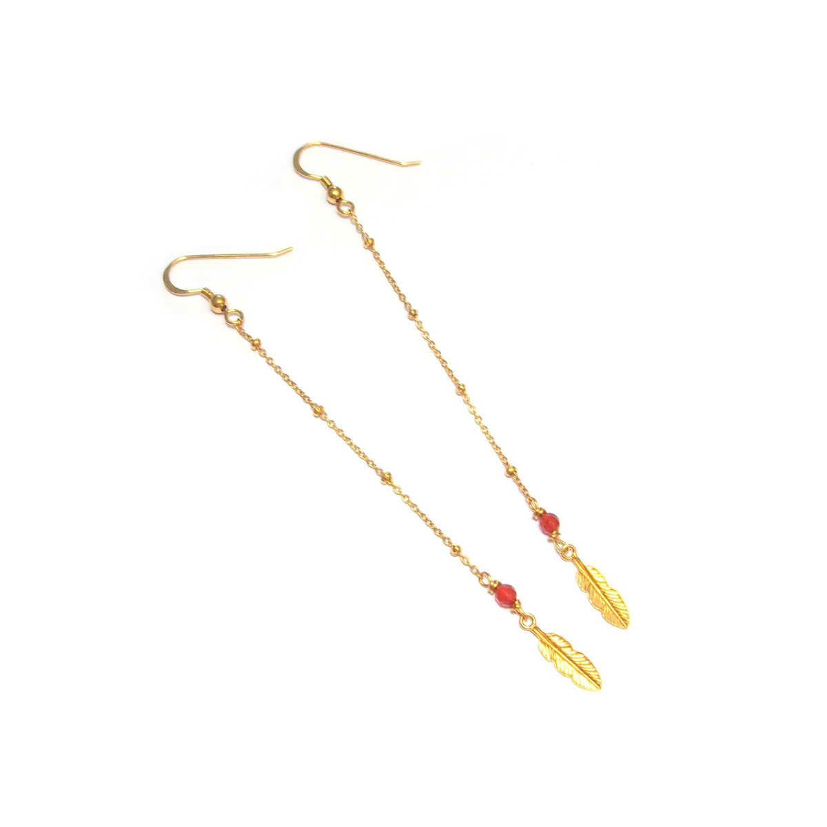 Boucles d'Oreille Plumes, Argent 925 Dorée et Cornaline