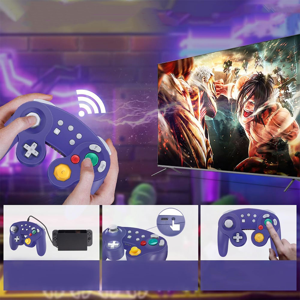 Wireless Shock Game Controller in Retro Gamecube Design kompatibel mit Nintendo Switch / Switch 2 / Lite / OLED - Violett