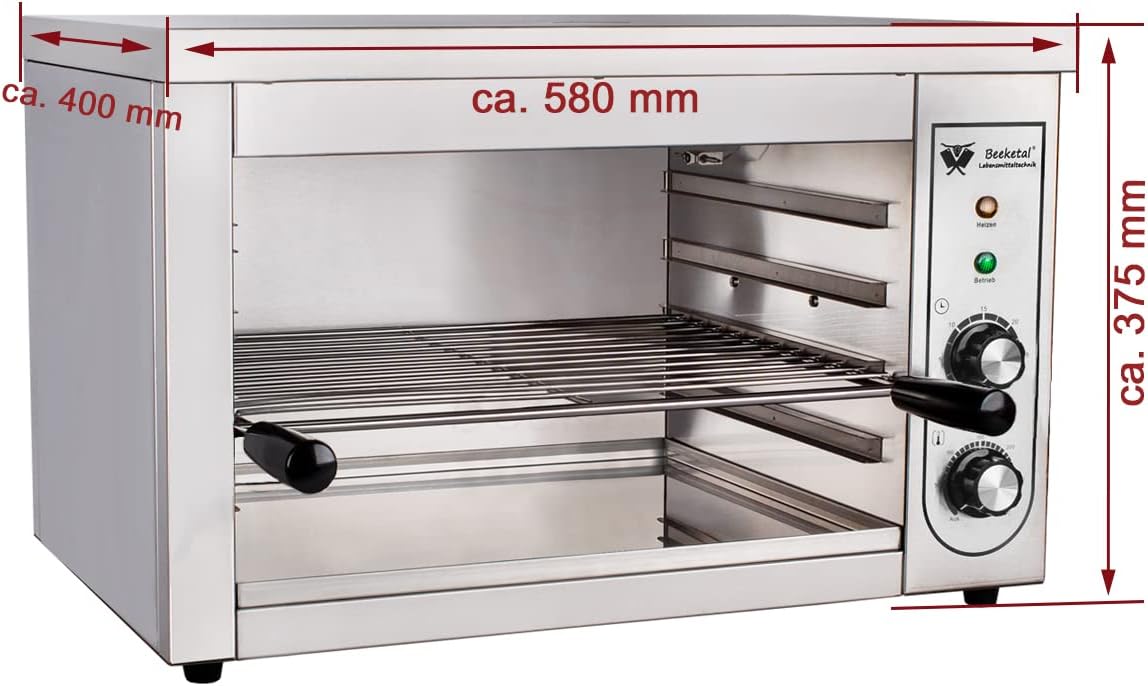 Beeketal 'BSP-2' Profi Gastro Salamander Grill Überbackgerät aus Edelstahl mit 1 Gitter (4 Höhen), 5-30 Minuten Timer, Thermostat 50-300 °C (direkt an der Heizspirale), extra Krümelschublade