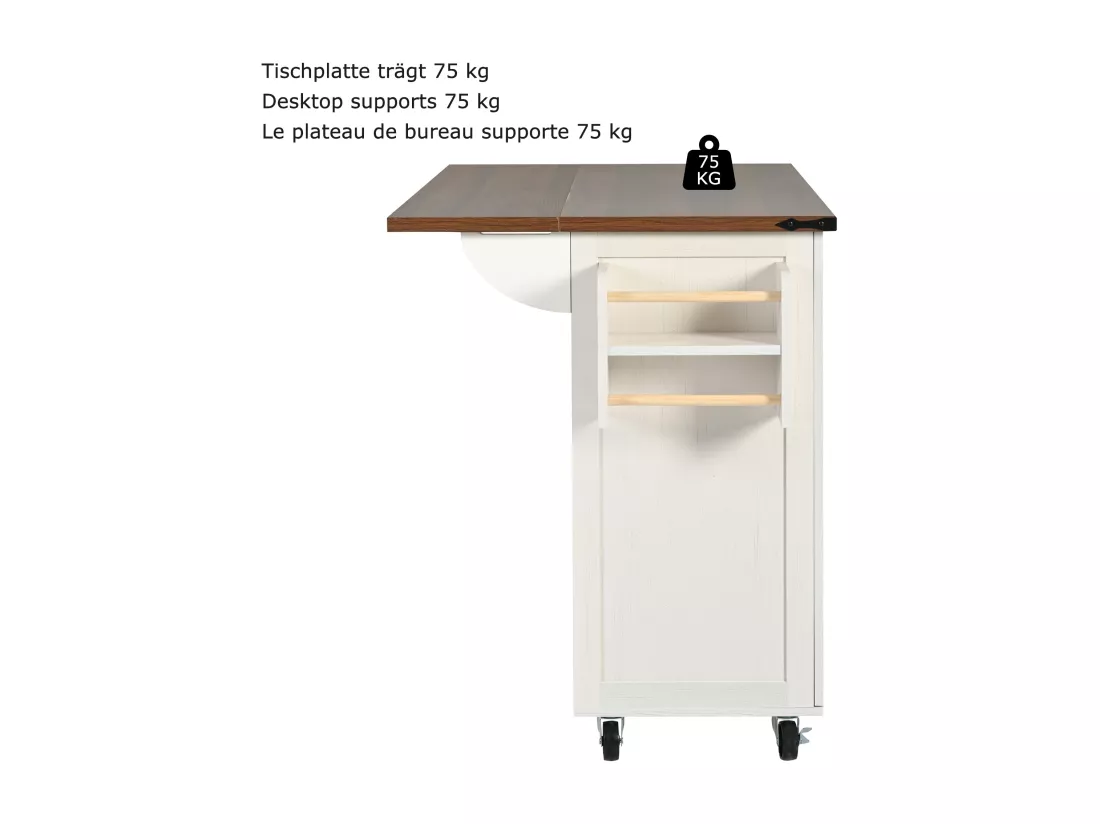 Ilot central de cuisine mobile avec 4 portes et 2 tiroirs - plateau extensible - 140 x 45/73 x 93 cm - Bois MDF + métal - Blanc + naturel