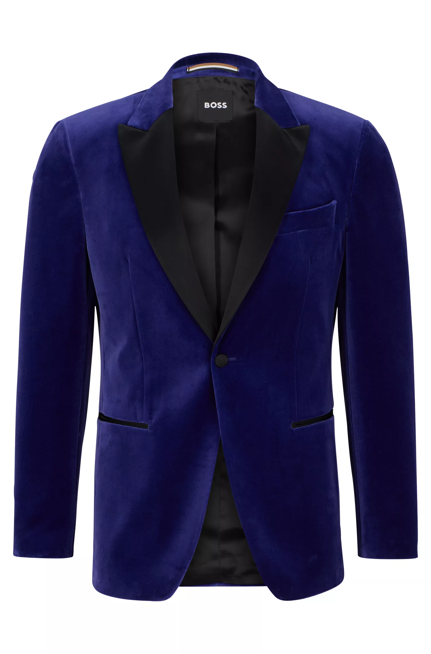 Blazer de smoking BOSS preto, corte slim, em veludo de puro algodão.