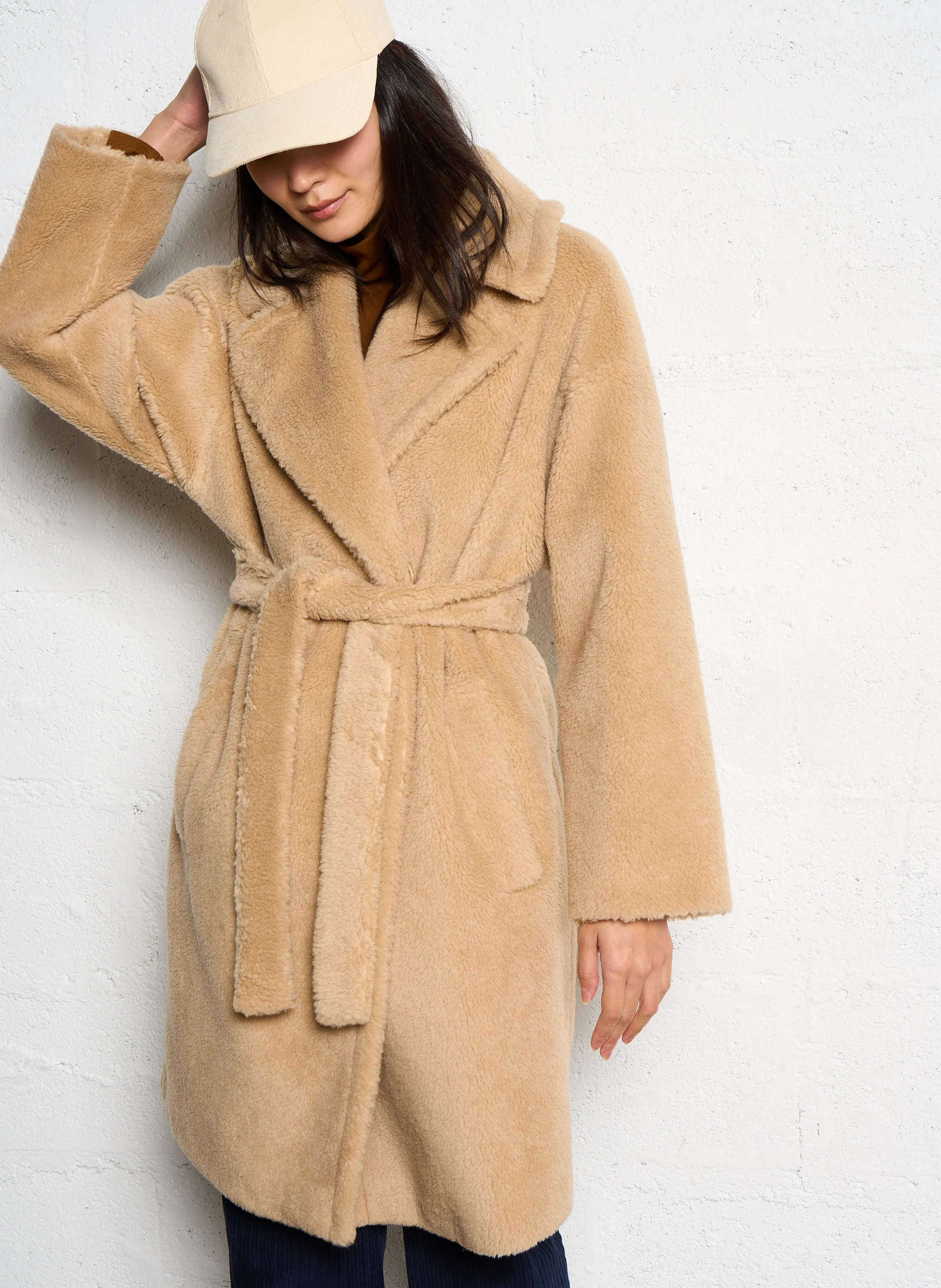 EMMY - Manteau droit col tailleur en laine mélangée | Beige
