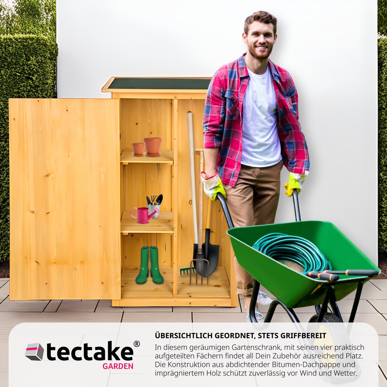 tectake® Gartenschrank mit Flachdach, aus imprägniertem Nadelholz, Dachpappe aus Bitumen, 75 x 56 x 118 cm