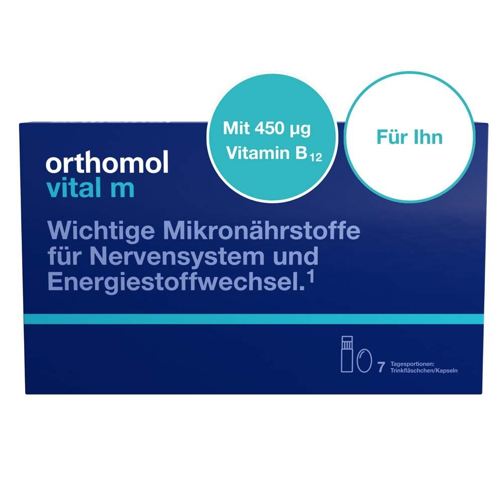 Orthomol Vital m für Männer - bei Müdigkeit - mit B-Vitaminen, Omega-3 und Magnesium - Trinkampullen/Kapseln - Orangen-Geschmack