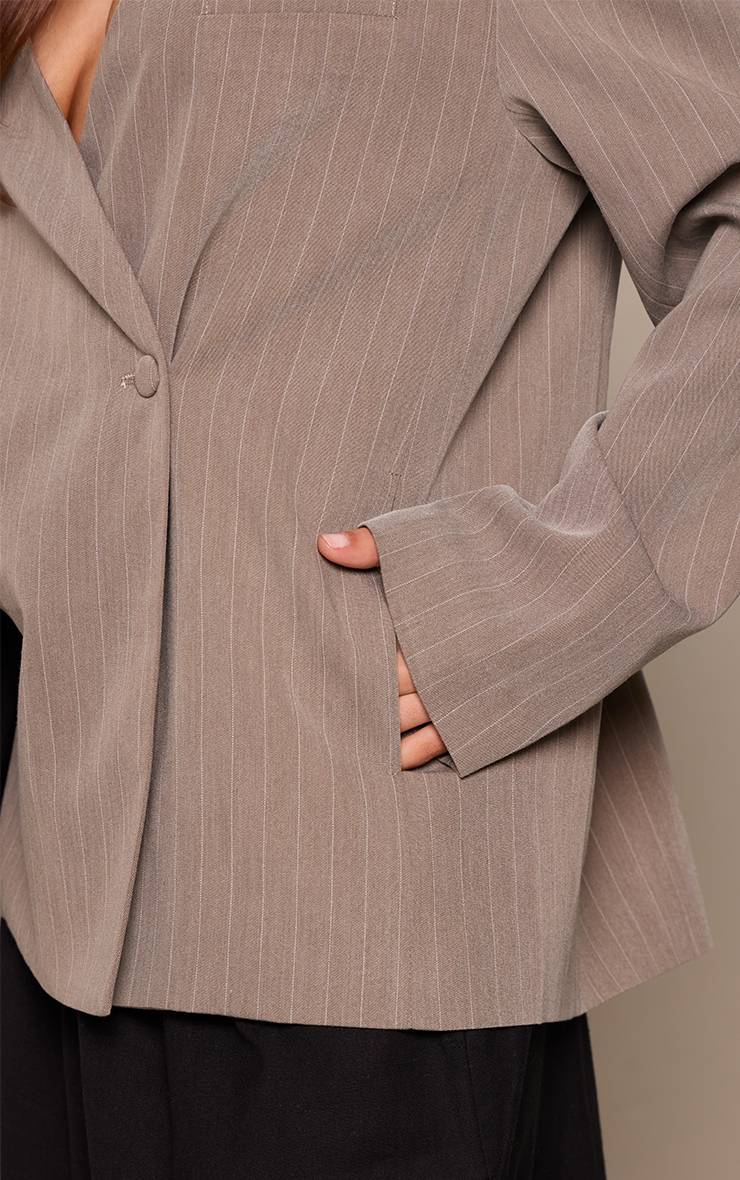Beige Blazer Beige Rayé Sans Col Asymétrique Ajusté