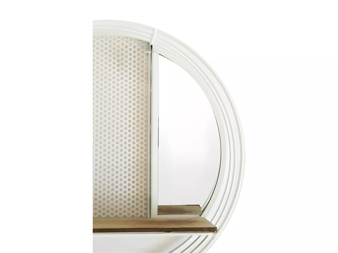 Etagère murale ronde en métal blanc avec miroir et tablette - LUNE