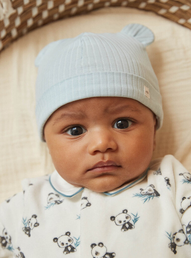 Lot de 2 bonnets de naissance bleu et écru en coton biologique