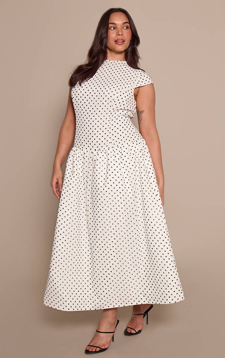 Blanc Robe Midi À Taille Basse À Pois Noirs Grande Taille