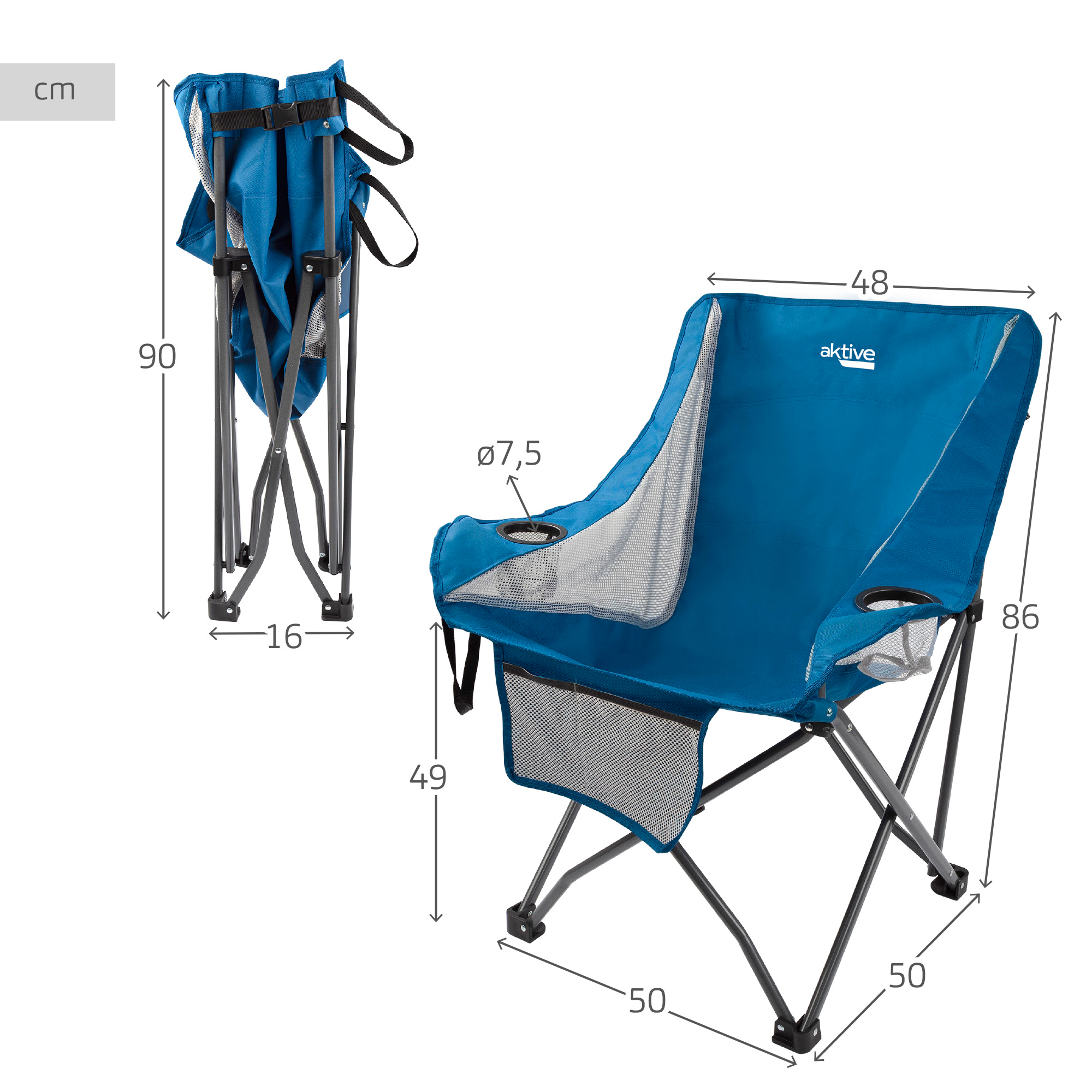 Cadeira de camping dobrável anti-tombamento Aktive Blue com porta-copos e bolso.