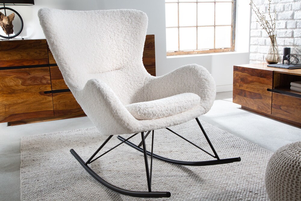 riess-ambiente Schaukelstuhl SCANDINAVIA SWING - weiß Bouclé Sessel schwarz Metall Wippmechanik