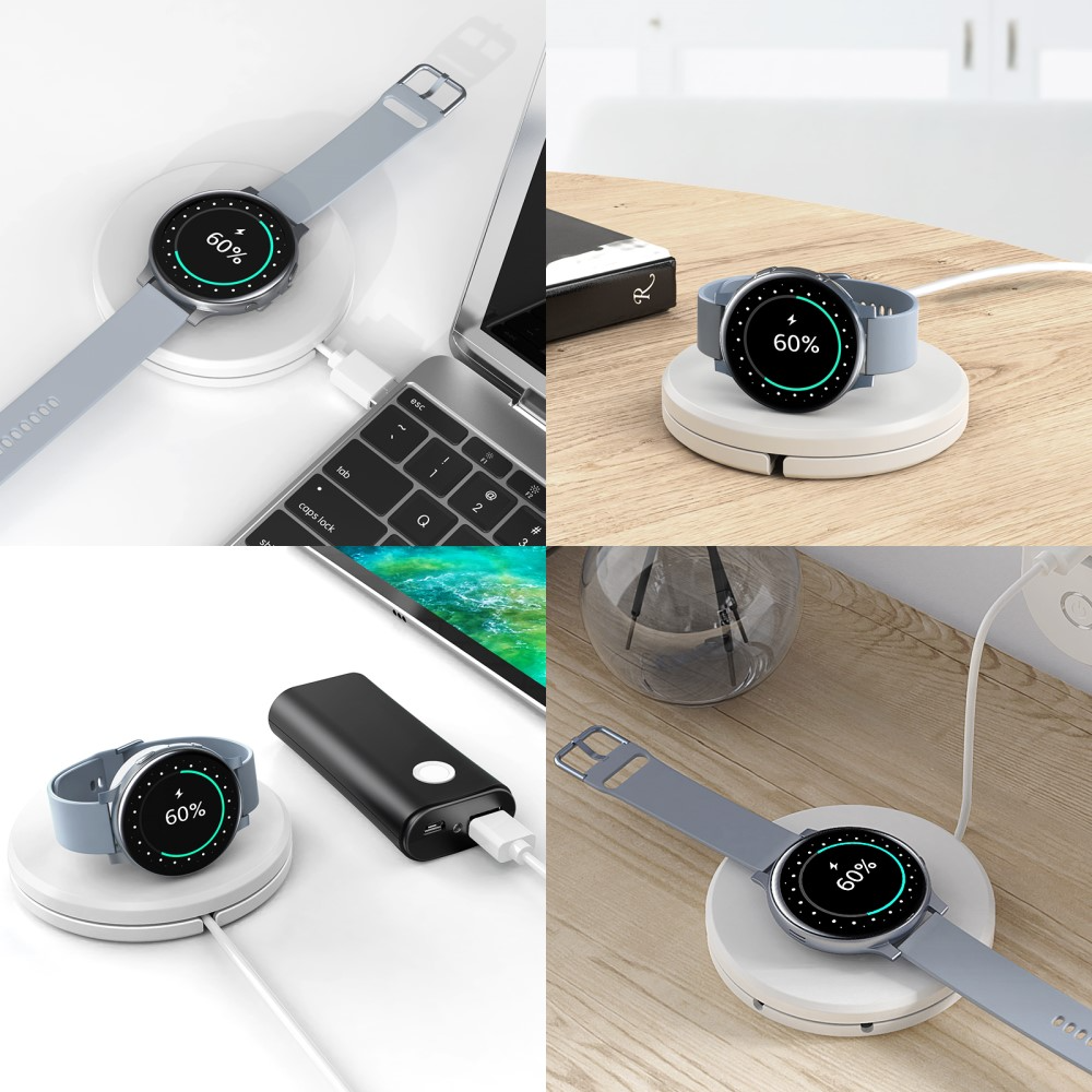 Samsung Galaxy Watch 3 / Watch Active 2 / Watch Active Qi-Wireless Charger USB Ladegerät mit integriertem Ladekabel - Weiss