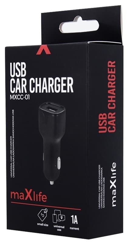 Maxlife biloplader MXCC-01 USB (1A), sort