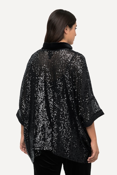 Pailletten-Shirt, Oversized, Samt-Rollkragen, Halbarm