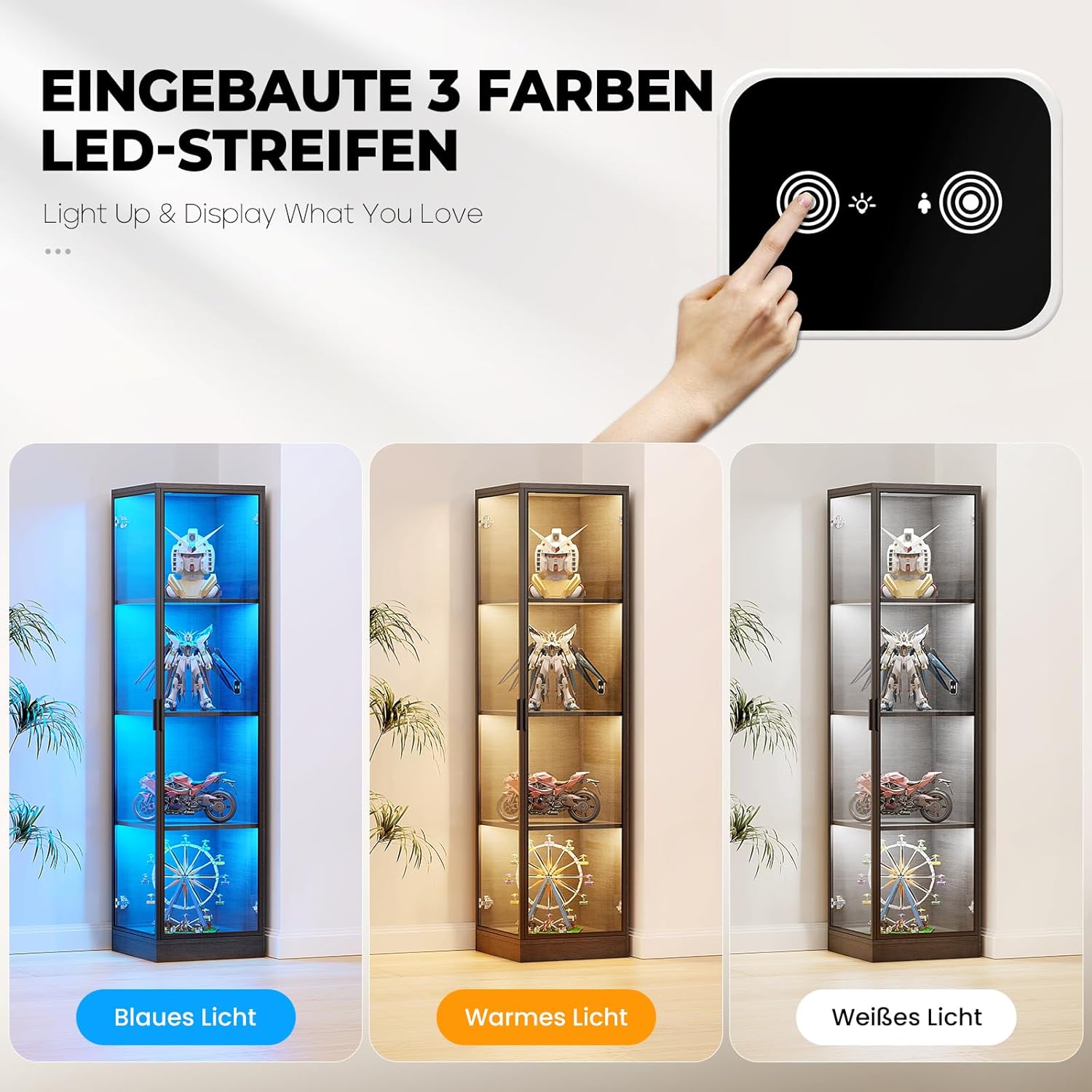 Vitrine mit LED Beleuchtung, Acryl Vitrine mit Menschlicher Sensor, Regal mit türen für Sammlervitrine Und Wohnzimmer Schlafzimmer, Eckschrank Schwarz