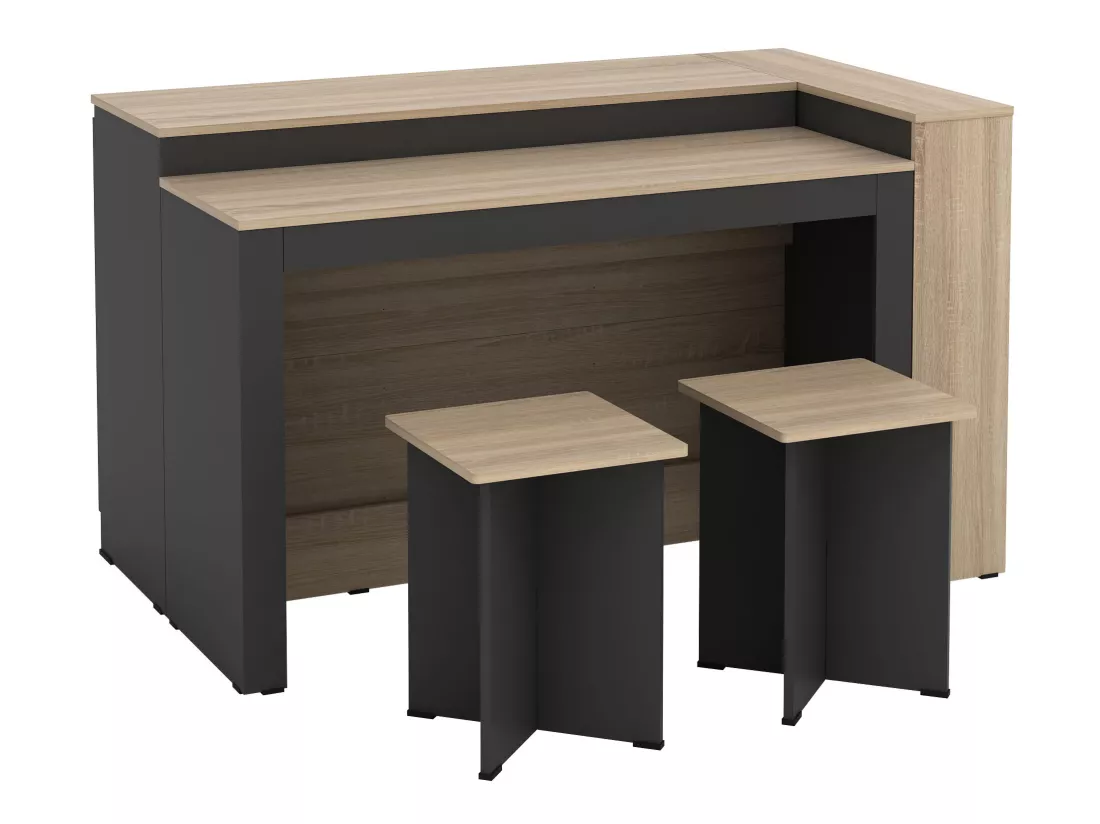 Ensemble îlot central de cuisine + 2 tabourets - Noir et naturel clair - NUSICE