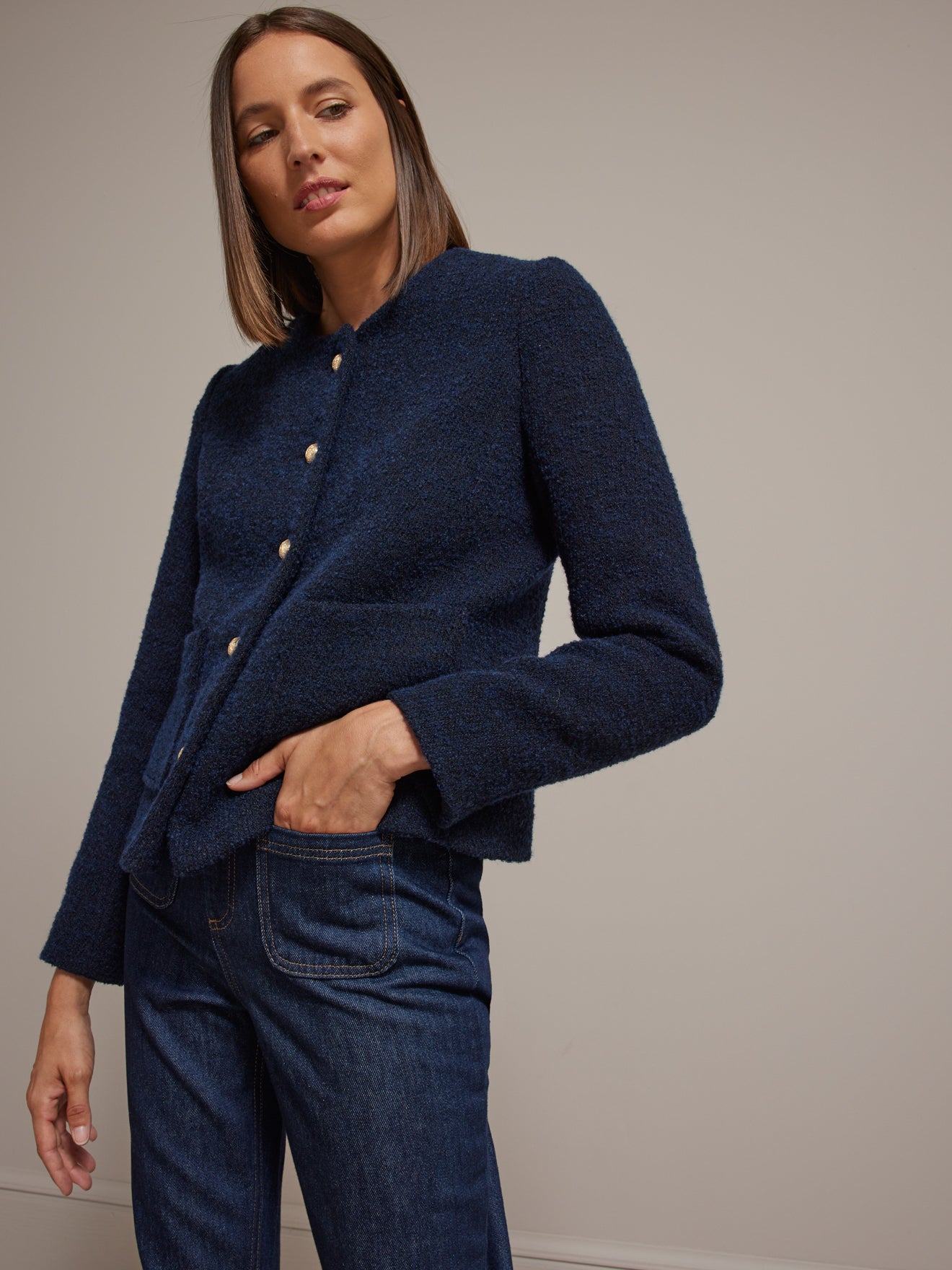 Veste sans col lainage bouclette femme