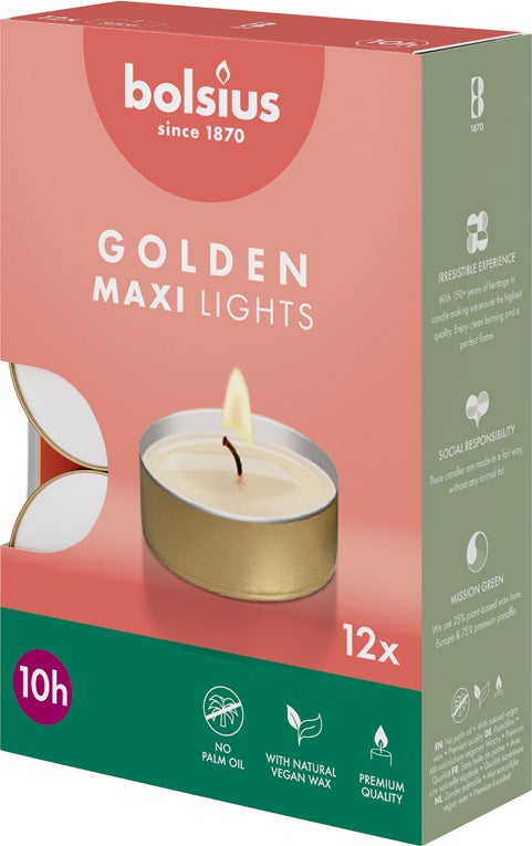 Bolsius waxinelicht Classic wit / goud 10 uur D 6 H 2 cm stuks 12