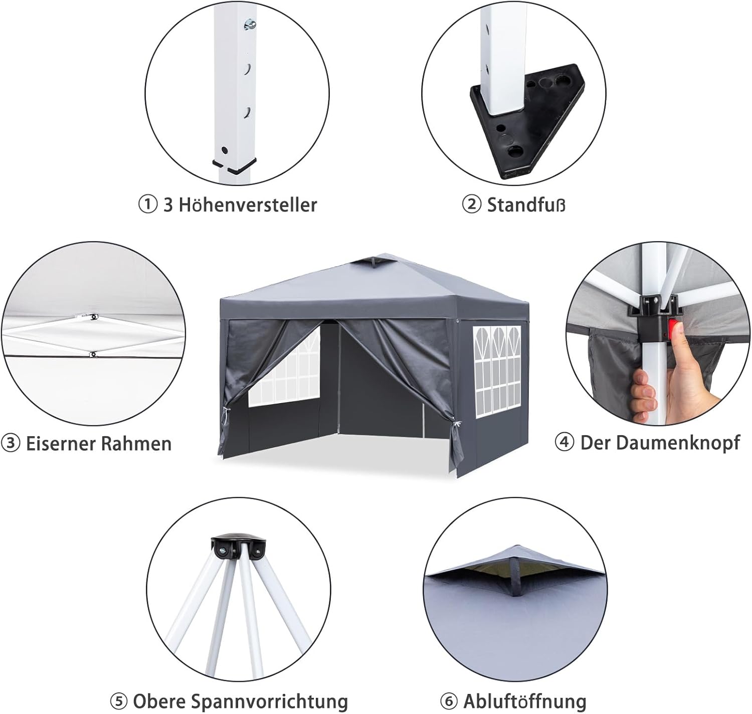 LEADZM Pavillon 3x3 m Pop-up Faltpavillon Mit Belüftungslöchern,Wasserdichter,Höhenverstellbar,UV Schutz 50+,Gartenzelt,Partyzelt,Camping,Stahlrahmen,mit 4 Seitenteilen (Dunkelgrau)
