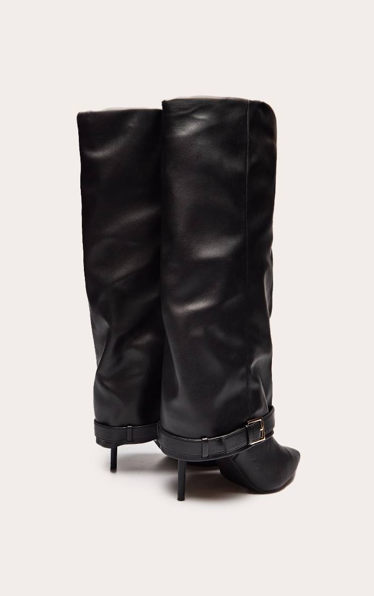 Noir Botte Haute À Talon Avec Revers Et Détails De Boucles