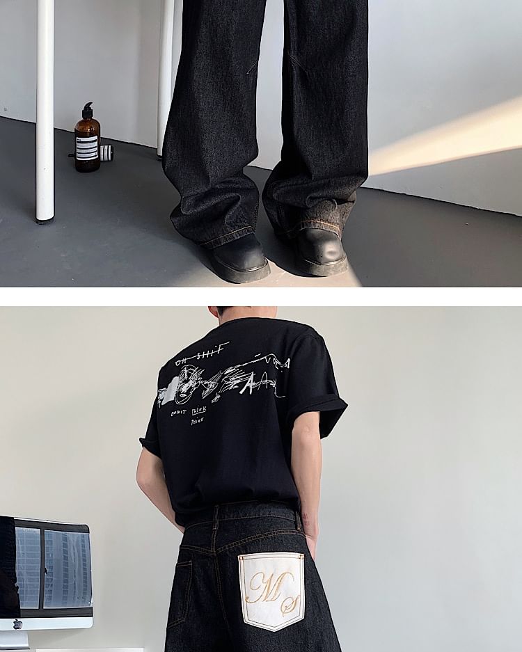 Omozando - Mid Rise Lettering Geborduurde Wijde Jeans
