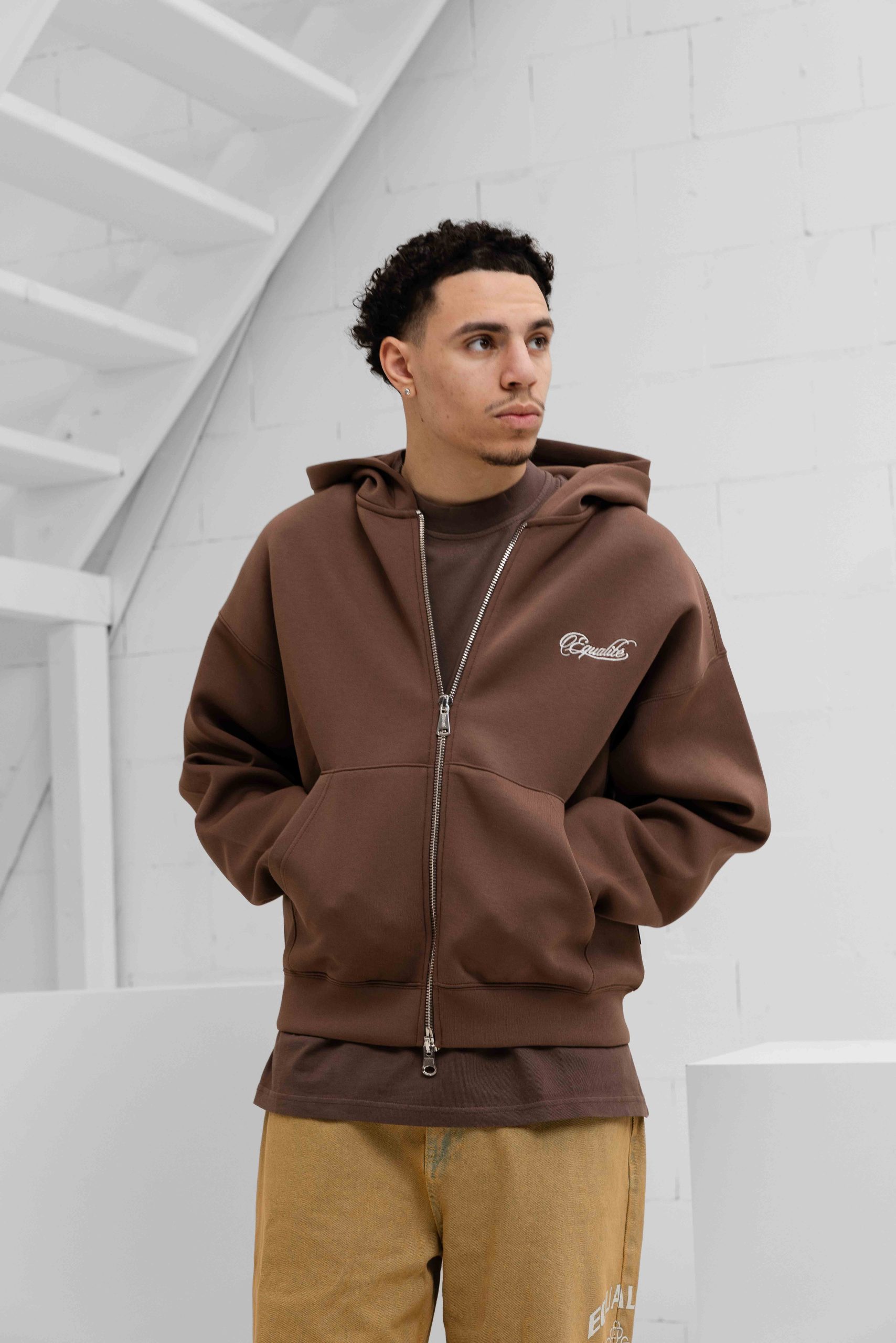 Equalité Yuki Oversized Scuba Full Zip Hoodie Heren Bruin