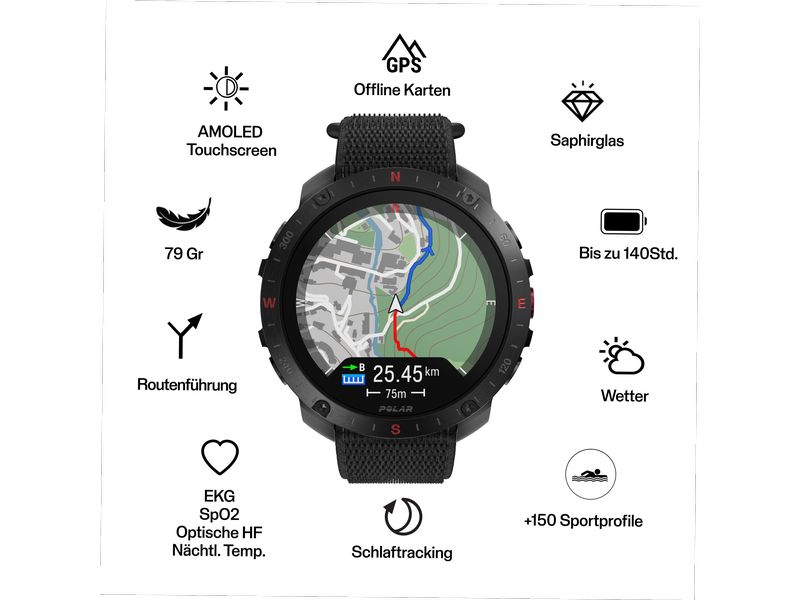 POLAR GPS-Sportuhr Grit X2 Pro Night Black Sportuhr mit optischer Pulsmessung und Smartwatch-Navigation