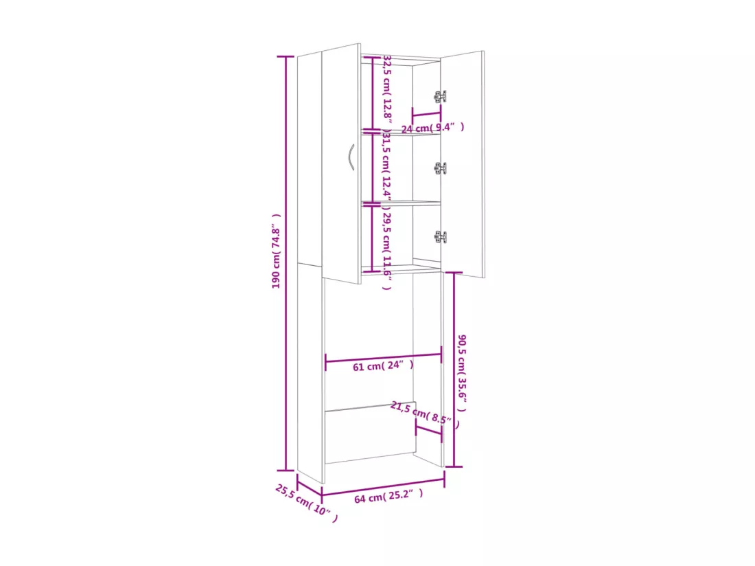 Meuble pour machine à laver Blanc brillant 64x25,5x190 cm
