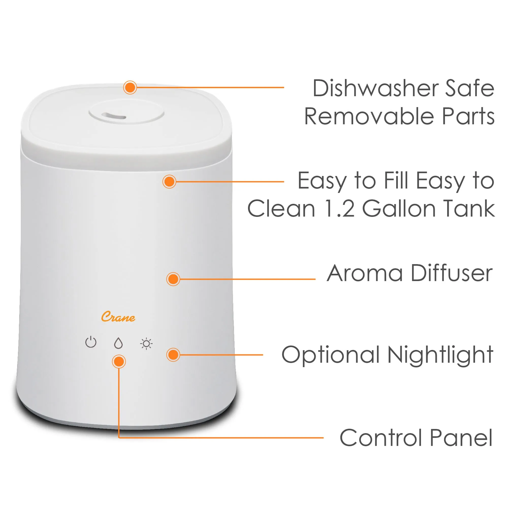 Crane Humidificateur Ultrasonique à Vapeur Froide avec diffuseur d’arômes (1,2 gal.)