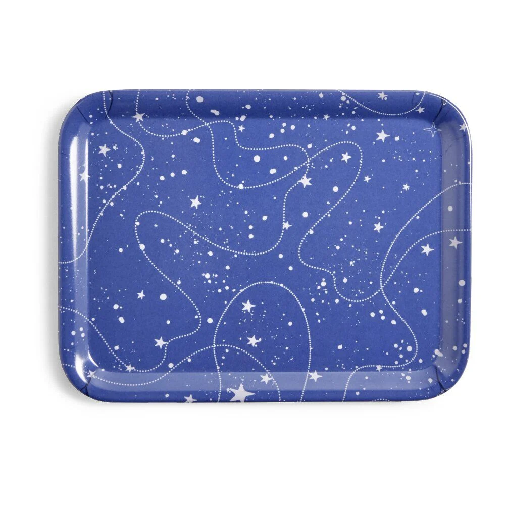 Plateau de service rectangulaire mélaminé bleu motif astral 21,7x28,7cm