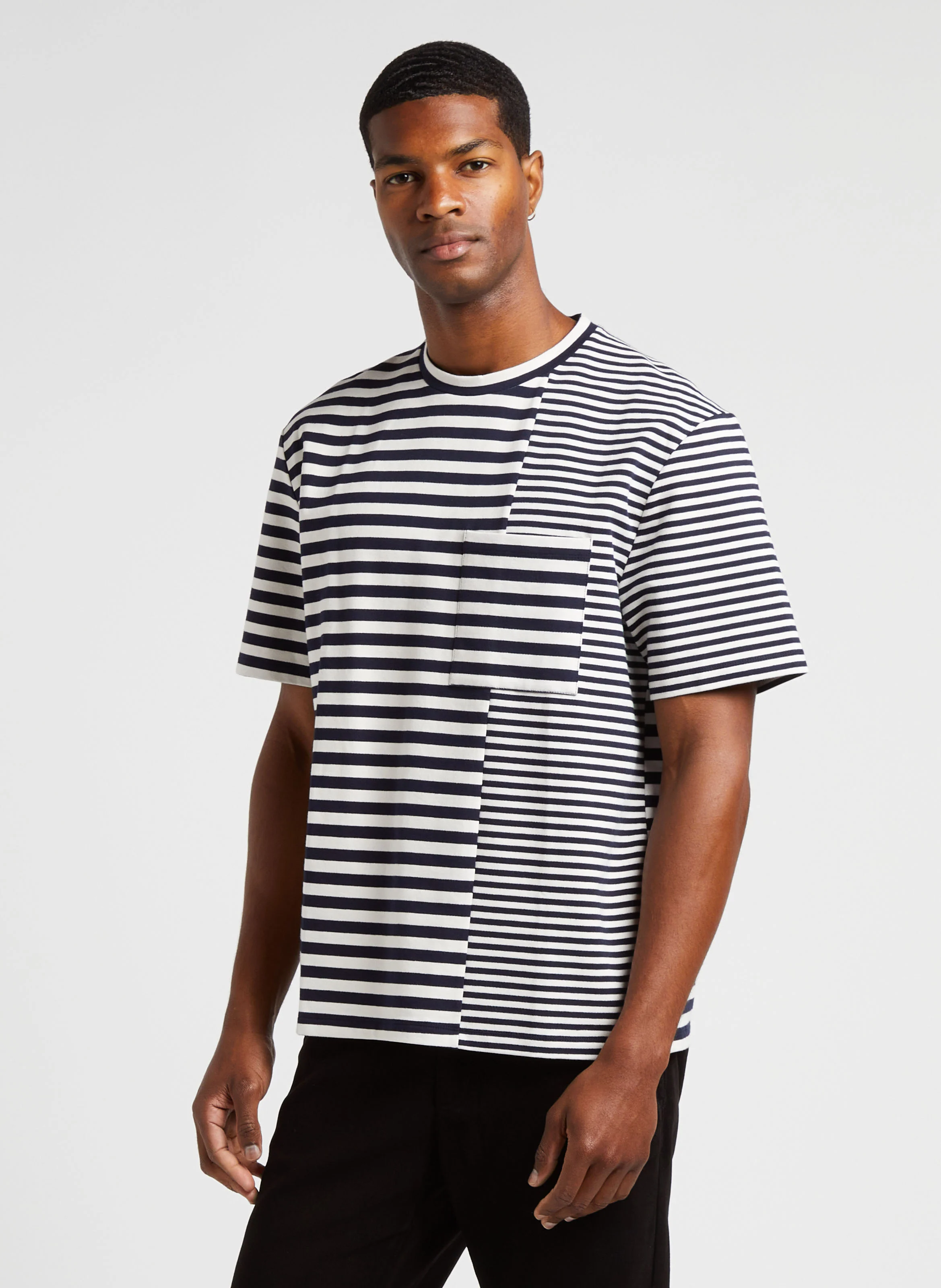Tee-shirt col rond patchwork à rayures en coton | Blanc