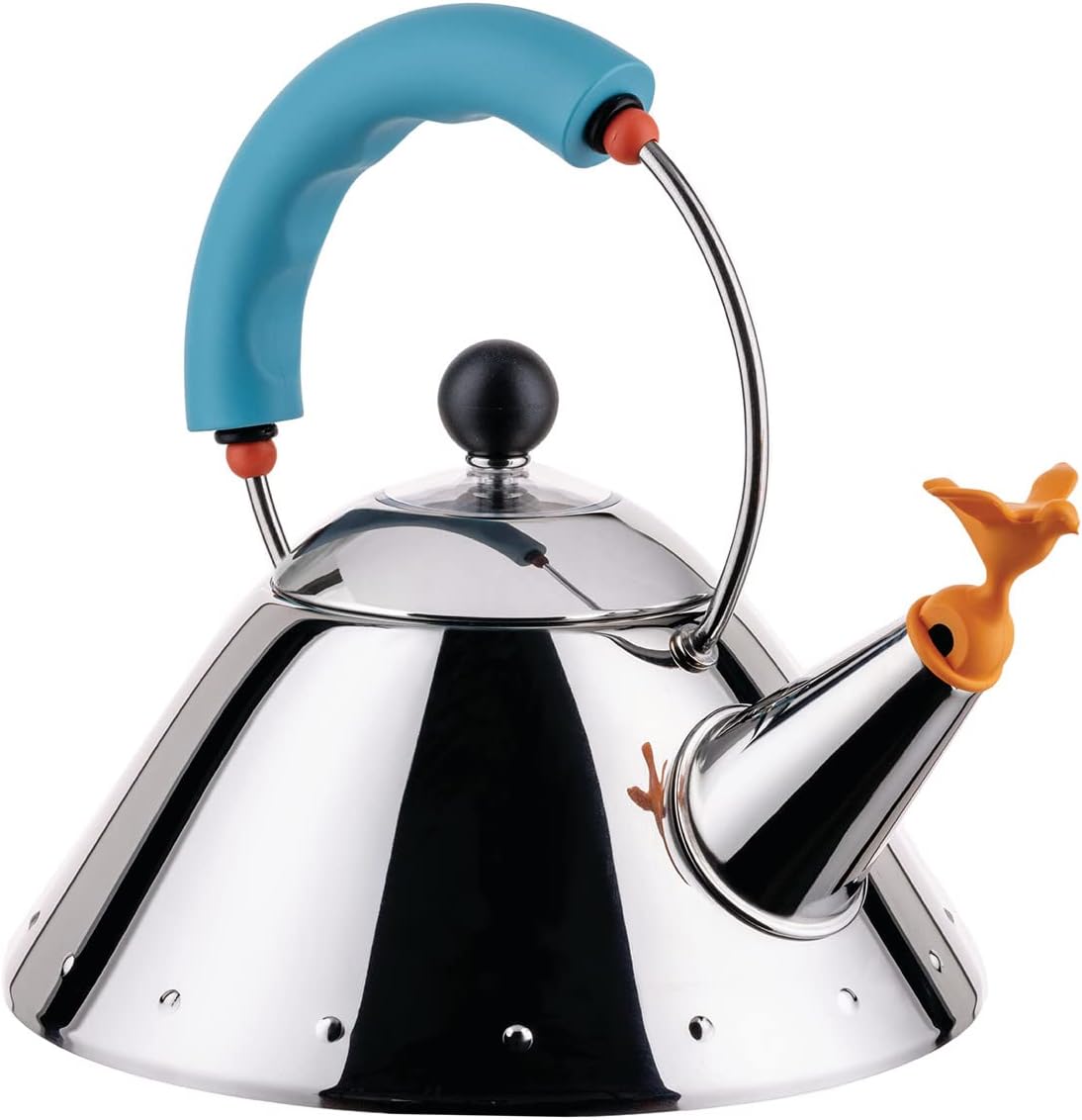 Alessi Kettle 9093/1 LAZ - Wasserkessel mit Magnetboden aus Edelstahl 18/10 Glänzend Poliert, für Induktionsherde Geeignet, mit Griff und Vogelförmiger Flöte aus PA, Hellblau