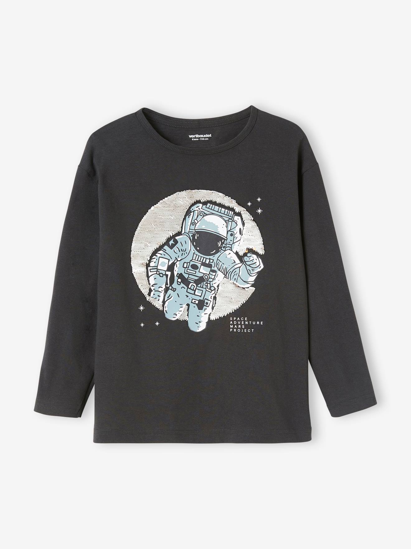 Camiseta infantil masculina reversível com lantejoulas e estampa de astronauta, cinza mesclado.
