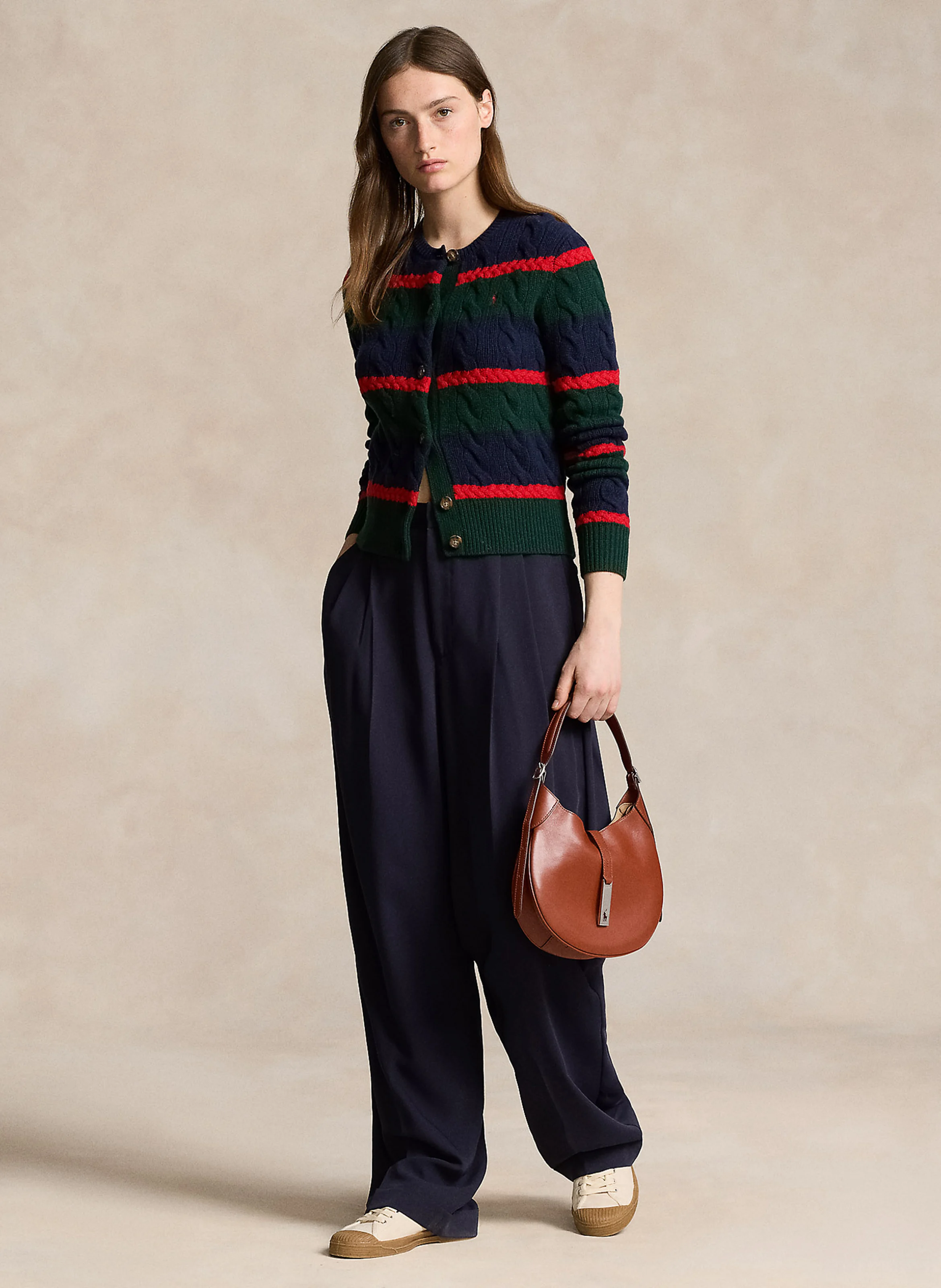 Gilet droit col rond rayé en laine te cachemire | Multicolore