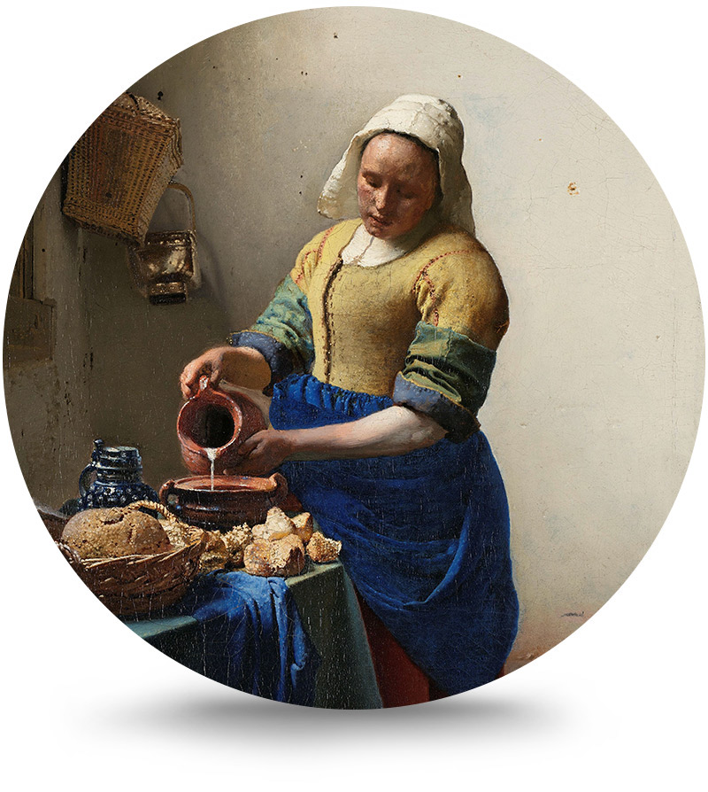Rond schilderij aluminium Melkmeisje van Vermeer 60 cm