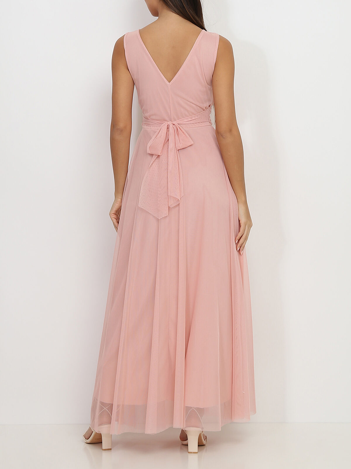 Robe longue en tulle ceinturée- Rose