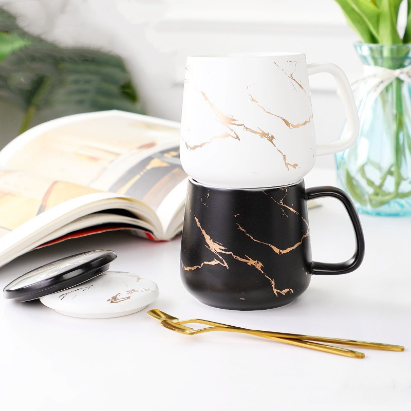 (2er Set) Keramik Kaffee Tasse Marmor Home Tee Cup mit Deckel   Löffel - Schwarz / Weiss