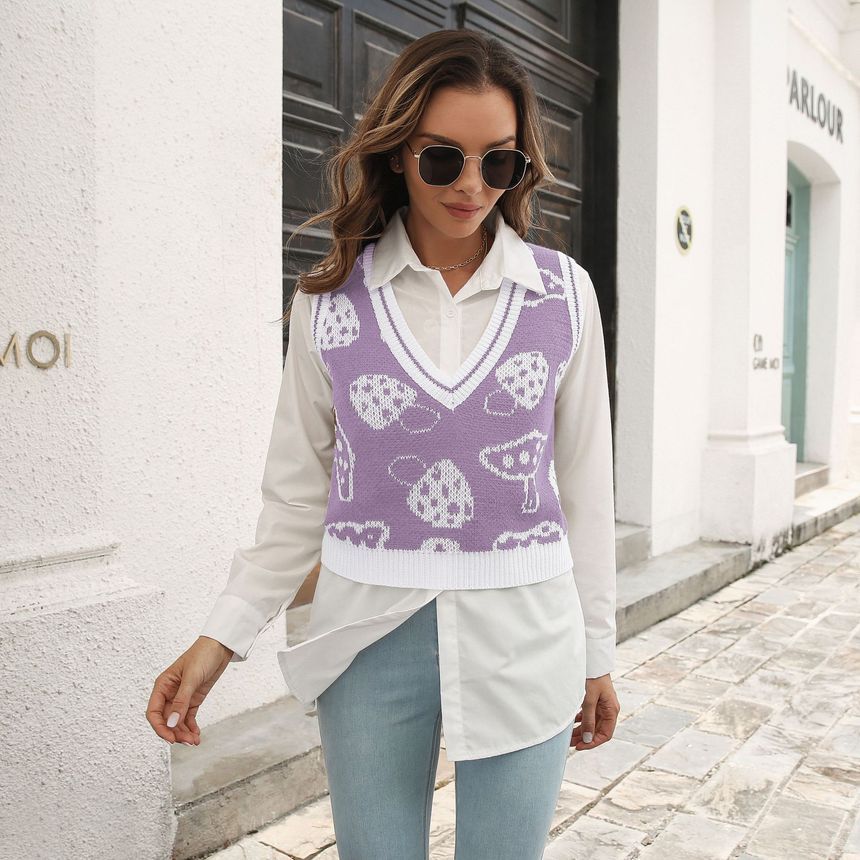 Caranello - V-hals Mushroom Jacquard Trui Vest