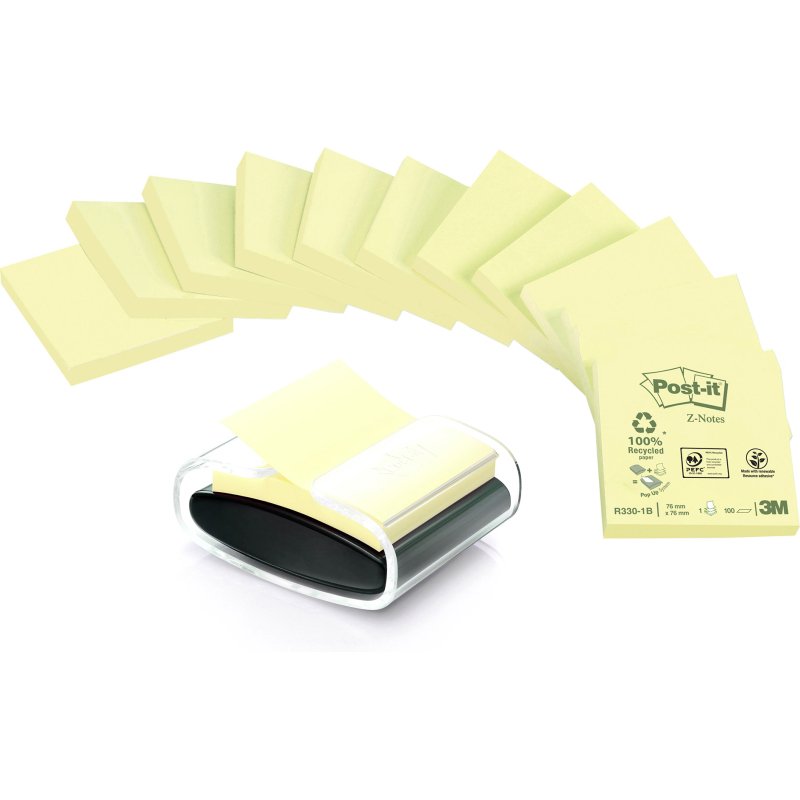 Pack 12 blocs z-notes repositionnables jaunes recyclées Post-It 76 x 76 mm - bloc de 100 feuilles + distributeur offert