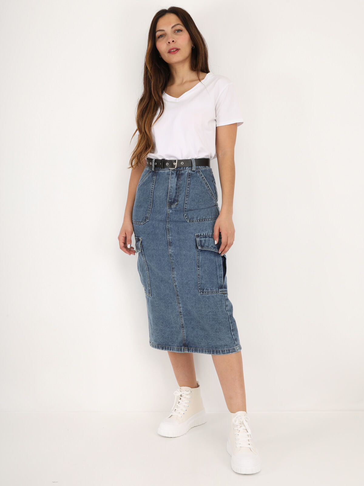 Jupe cargo en jeans avec ceinture- Bleu