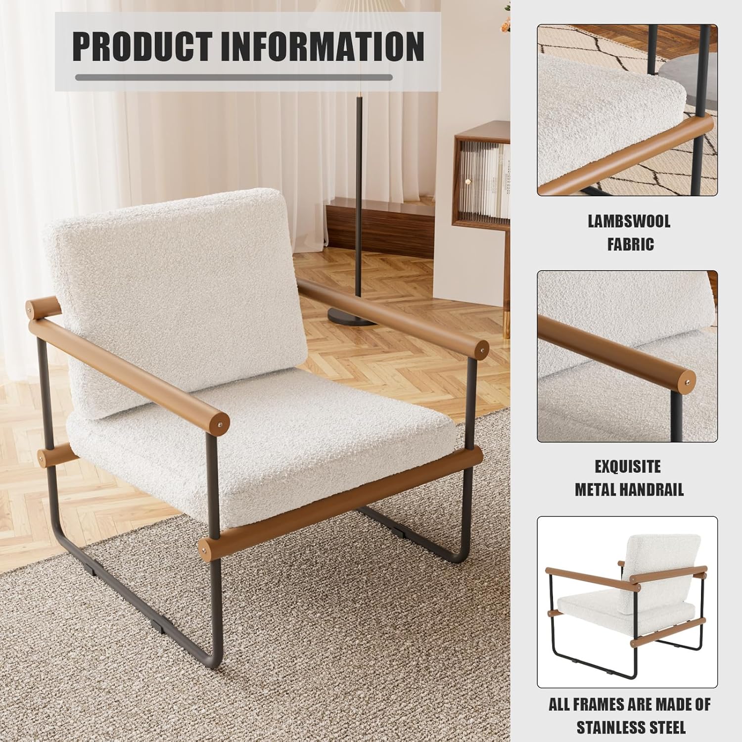 JIEXI Boucle Stoff-Akzentstuhl, moderner gepolsterter Sessel mit Metallrahmen, Lammwollstoff, Ständer aus Karbonstahl, cremeweiß, 2er-Set