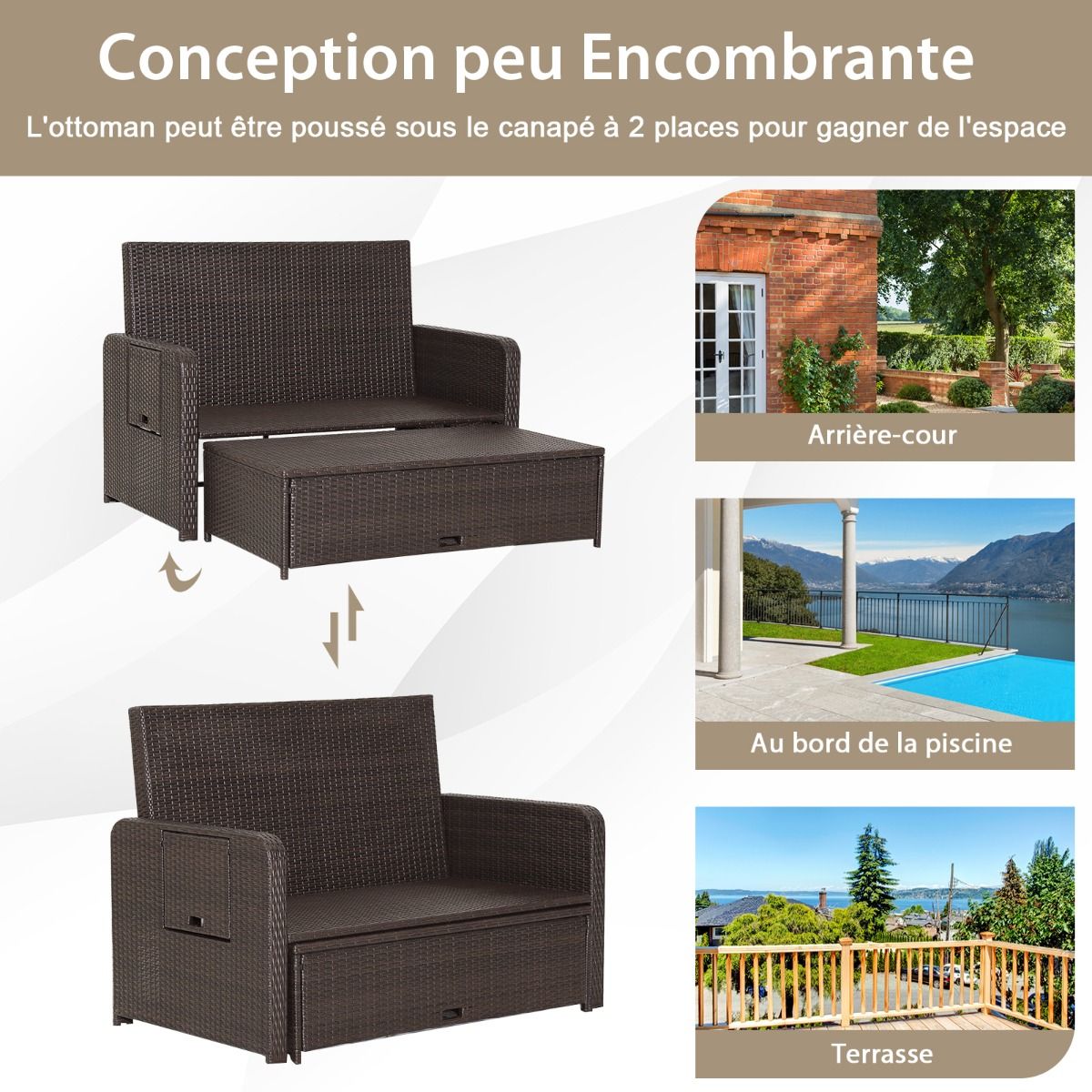 Salon de Jardin Extérieur Ajustable à Lit, 2 Place avec Stockage Caché, Dossier Réglable à 4 Niveaux en Rotin PE - Lidl-Manfred