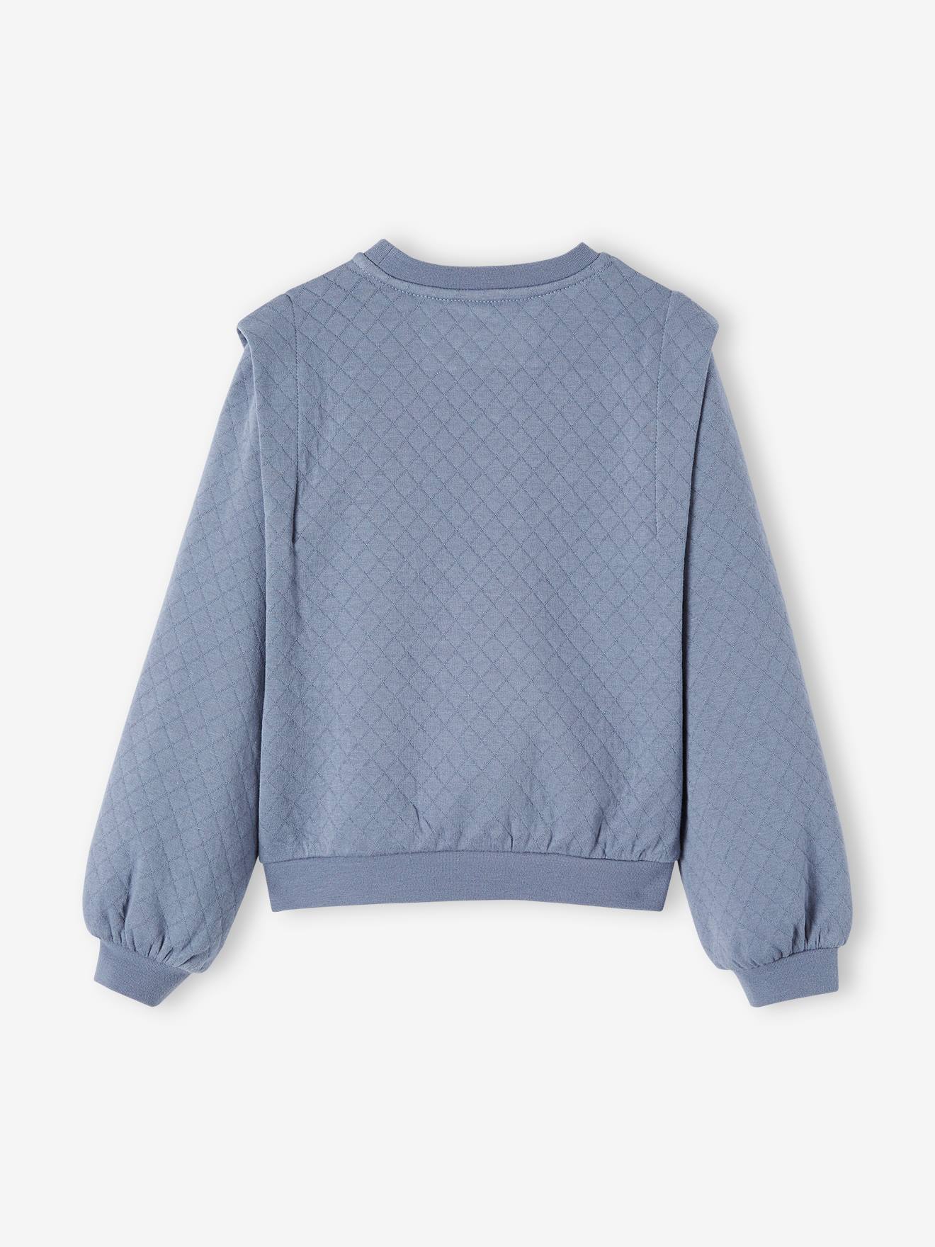 Moletom acolchoado com bordado iridescente, moletom infantil liso azul médio com estampas.
