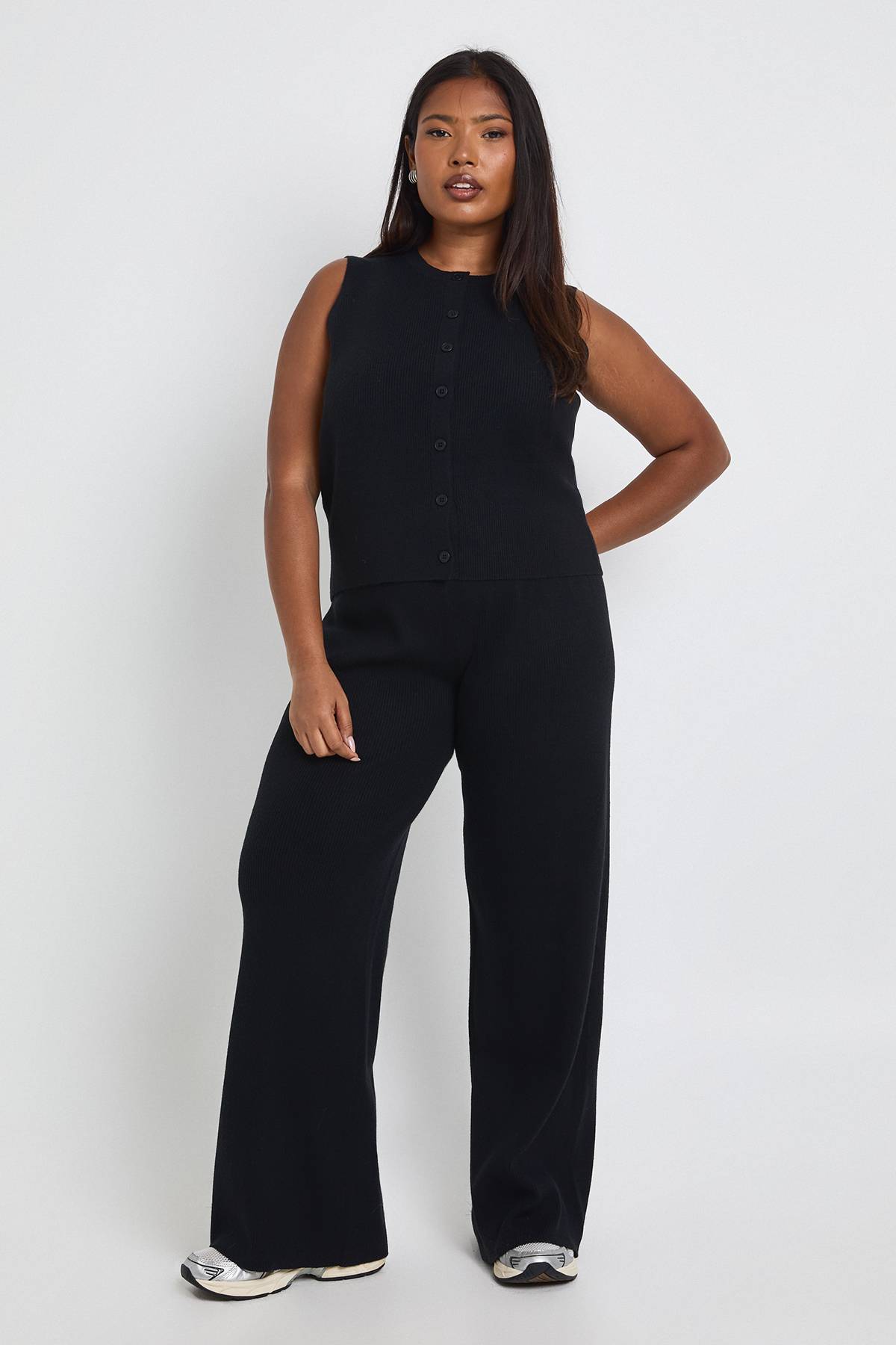 boohoo Ensemble Coordonné Grande Taille Gilet Tricoté Côtelé Super Doux et Pantalon Large