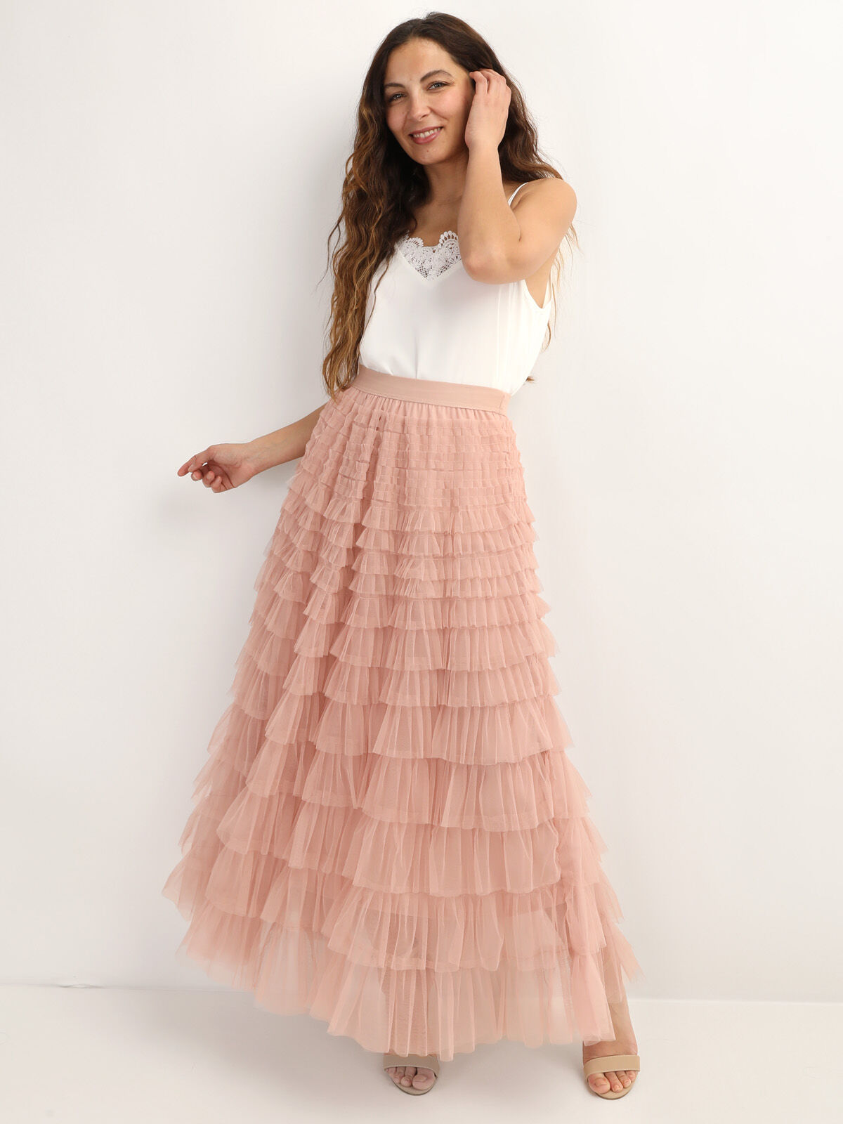 Jupe longue en tulle à volants- Vieux rose