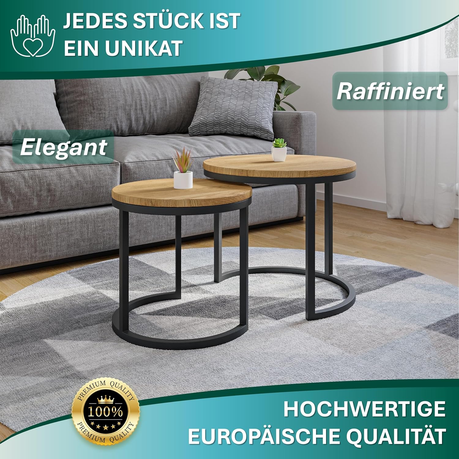 Modena, Couchtisch 2er Set aus Massivholz Eiche und Stahl, Handgefertigt in Europa, Beistelltisch, Wohnzimmertisch, Coffee Table, Schwarz, Rund, Ø50x43 cm / Ø40x38 cm