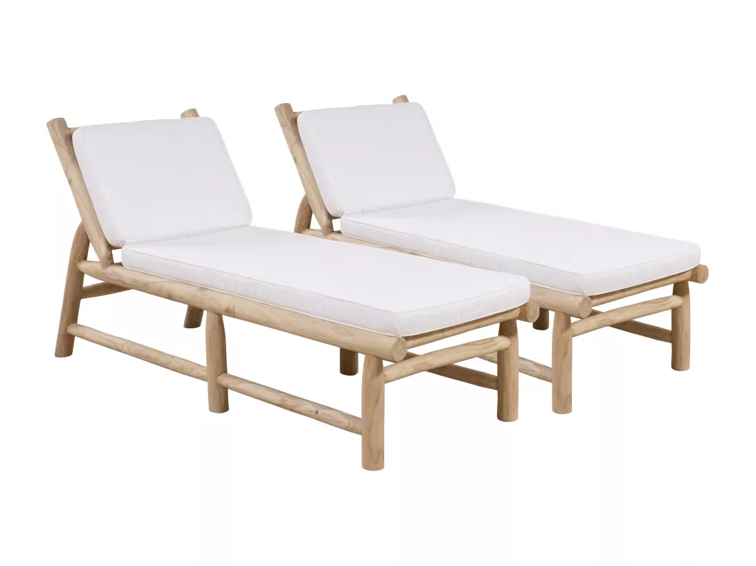 Lot de 2 bains de soleil en teck avec matelas - Naturel clair et blanc - TULUM de MYLIA